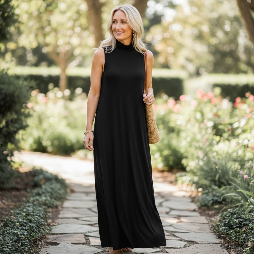 Garnet Hill Sleeveless Maxi Dress Mock Neck Black Minimalist Stretch Sz XS - Picture 1 of 14